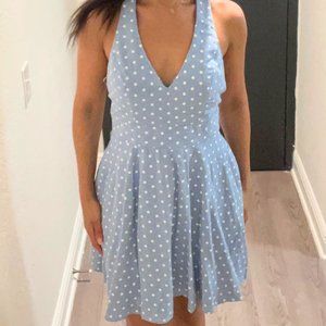Blue Halter Dress with White Polka Dots
